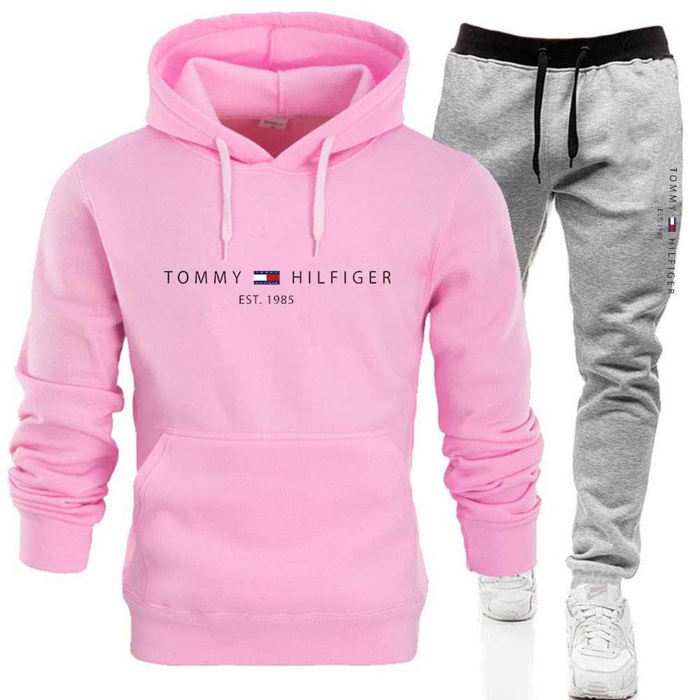 PQ Automne Hiver Hommes Pull Plus Polaire À Capuche Costume Imprimé Couleur Unie Pull Sport Ensemble 2 Pièces