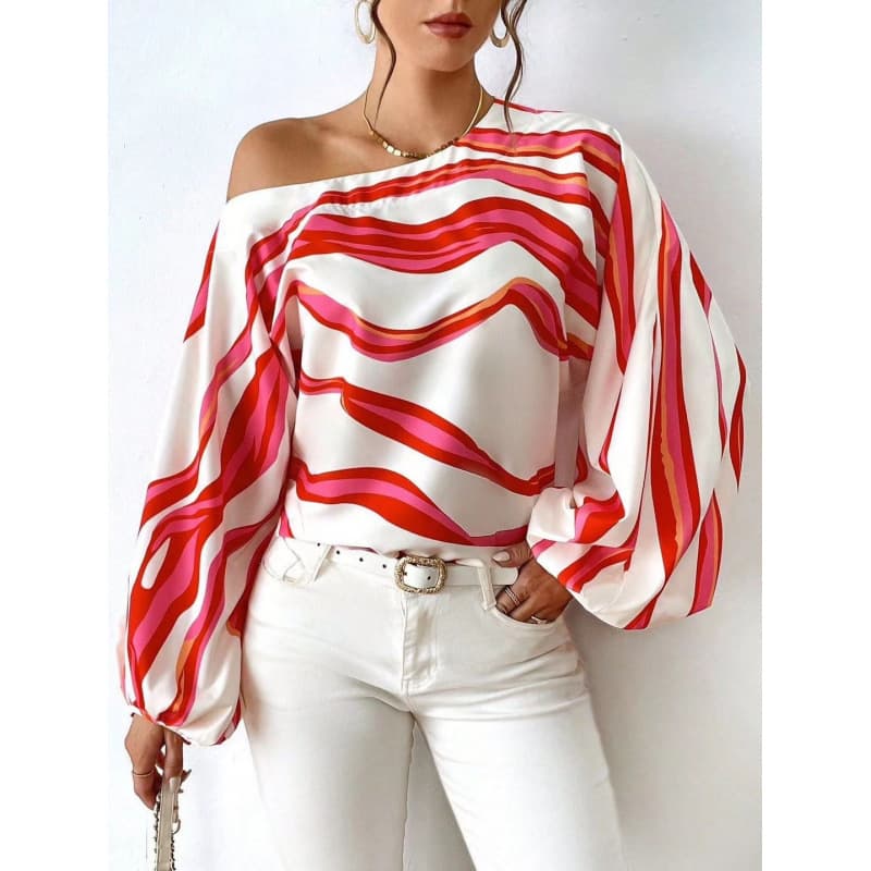 Women's Clothing One Shoulder Sexy Off Shoulder Fashionable Striped Print Loose Casual Long Sleeved Shirt Top