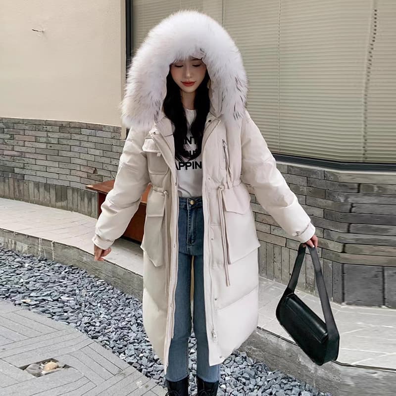 Women's Clothing Workwear long Warm jacket jacket for women 2024 winter fashion slim waist large fur collar warm white duck Warm jacket over knee parka