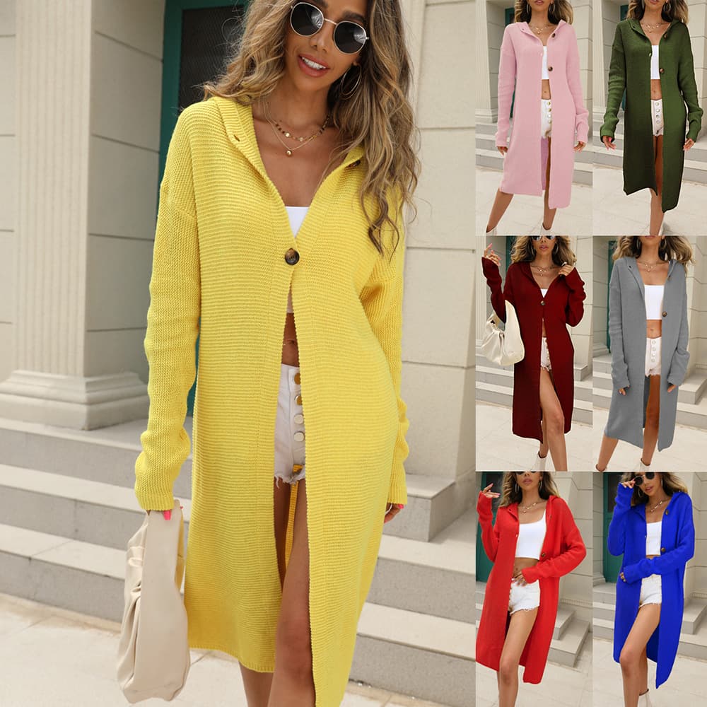Women's Clothing sweater cardigan new solid color long sleeved hooded long knitted cardigan ladies jacket