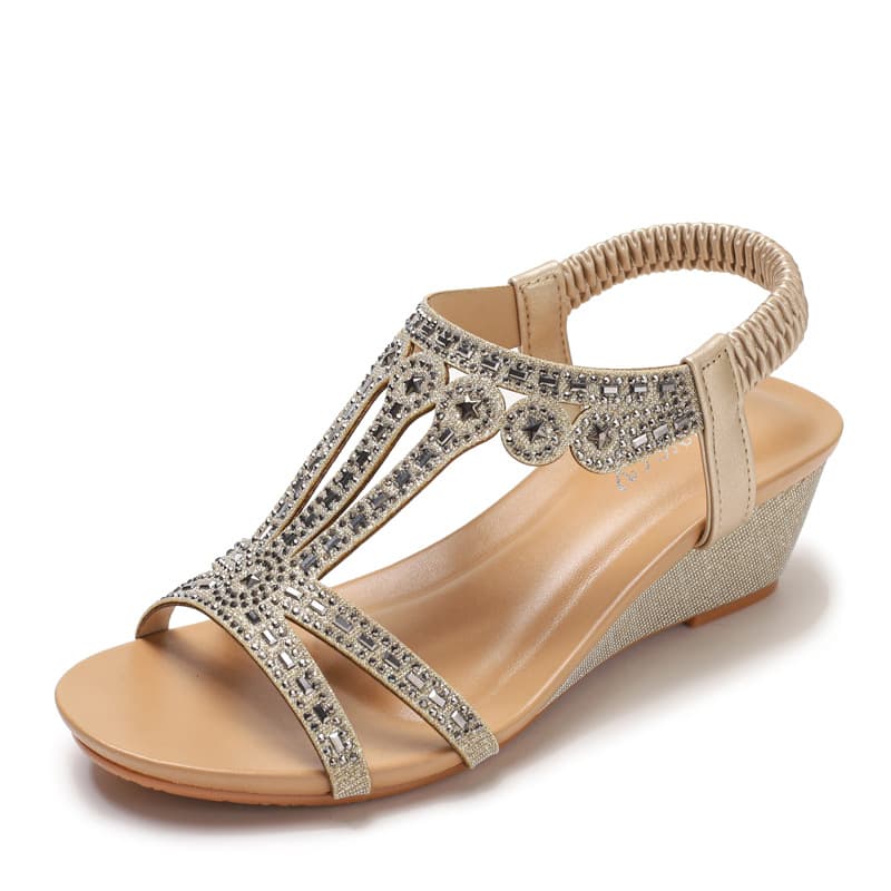 wedge heel rhinestone sandals for women fashion comfortable elastic band temperament Roman shoes