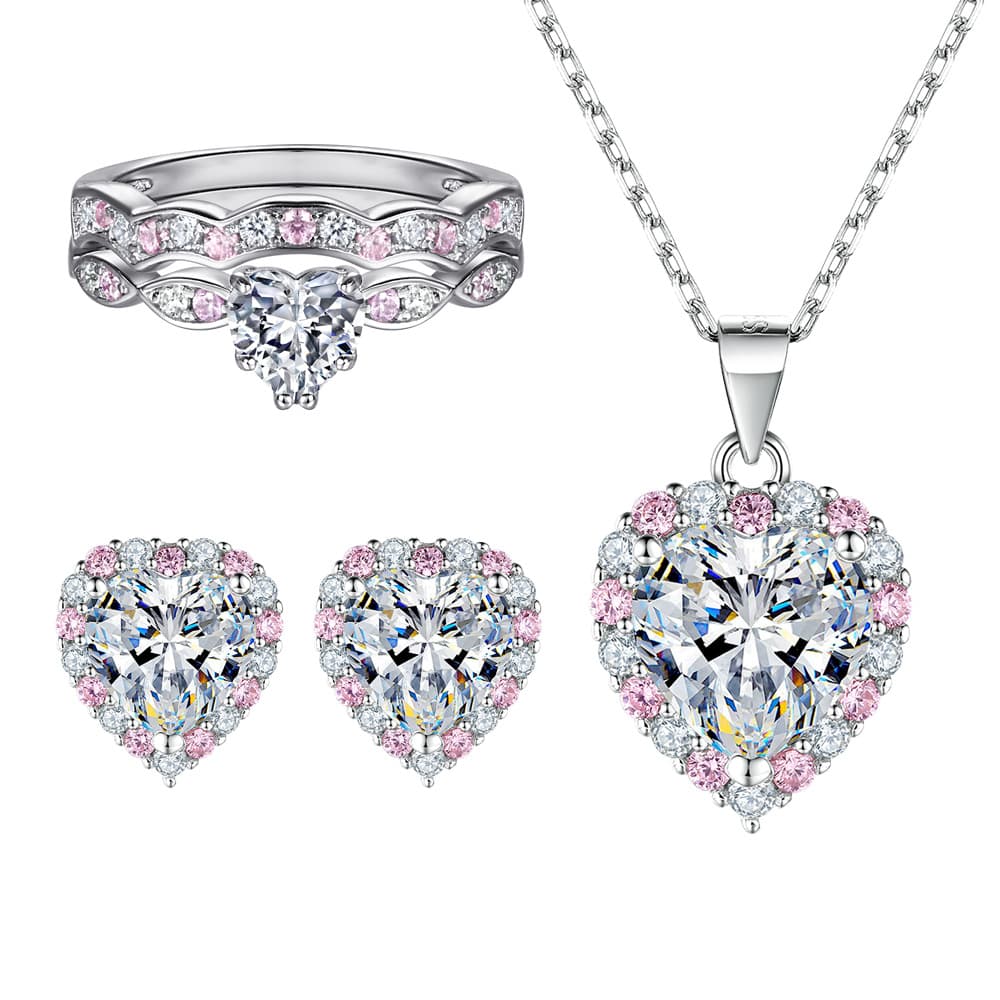 Women's Jewelry Set Love Jewelry Set 3 Piece Set 925 Sterling Silver Ring Pink Diamond Ring Heart Shaped Zircon Earrings Niche Necklace