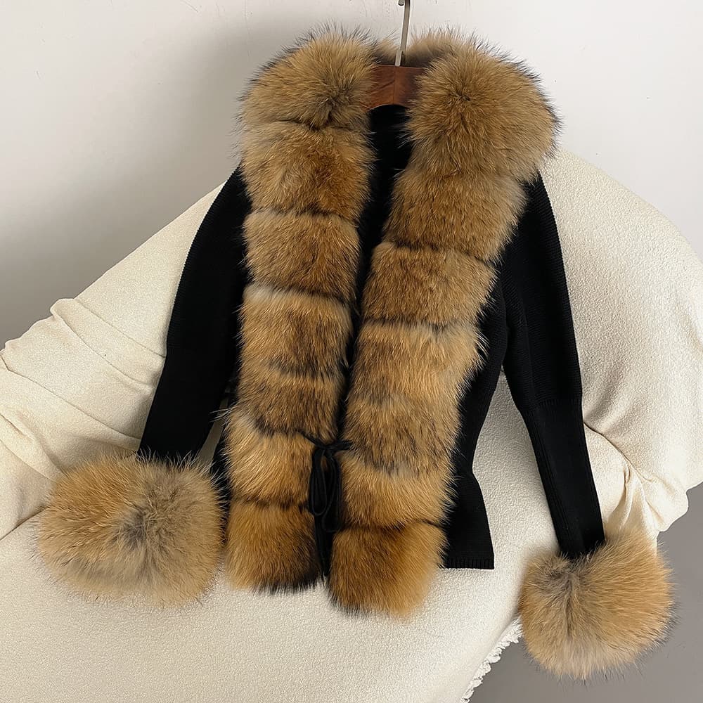 Women's Clothing popular women's knitted sweater with detachable real fox fur collar and cuffs fur cardigan knitted sweater fur coat for women