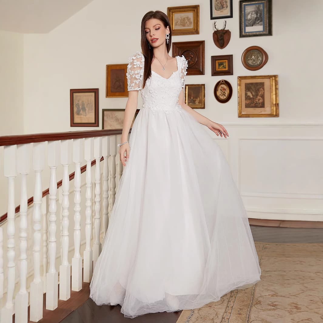 Women's Clothing Parisian Garden Romance: V-Neck Short-Sleeve Maxi Dress With Open Back & Flowing A-Line Skirt (Breathable Polyester, Wedding Guest)​