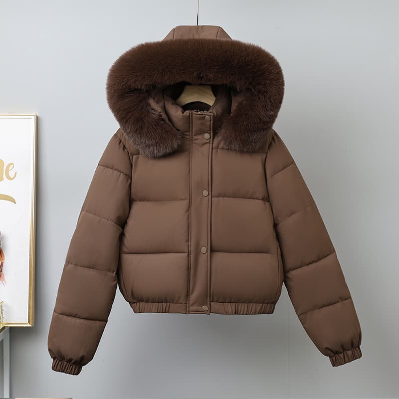 Women's Clothing Women's Short Puffer Jacket With Fur Trim, Fleece Lined Winter Coat, Oversized Hooded Parka For Casual & Commute​
