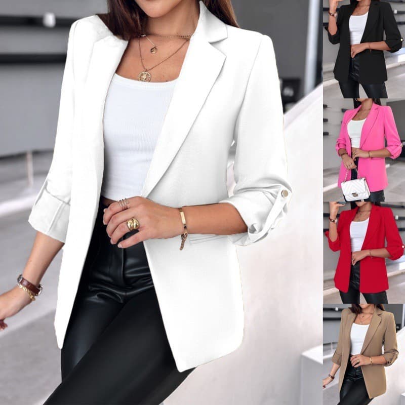 Blazer à manches longues sur mesure pour femme – Veste de bureau en élasthanne extensible (S-3XL, couleurs unies, superposition sans couture)
