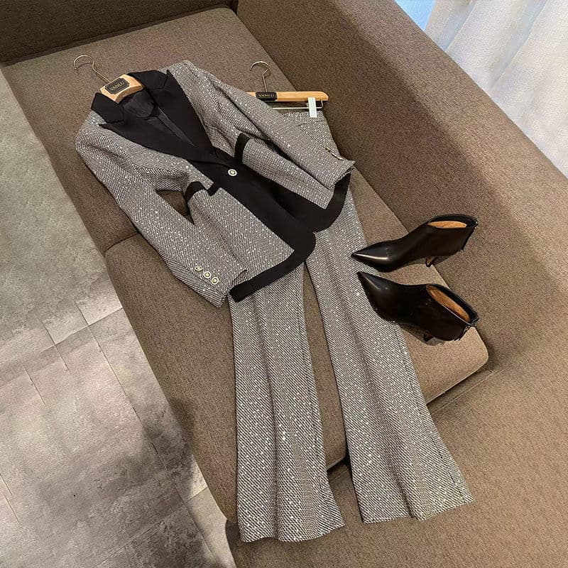 Plus size women's plaid color matching suit suit women's spring new temperament slim high-waisted boot-cut pants two-piece set