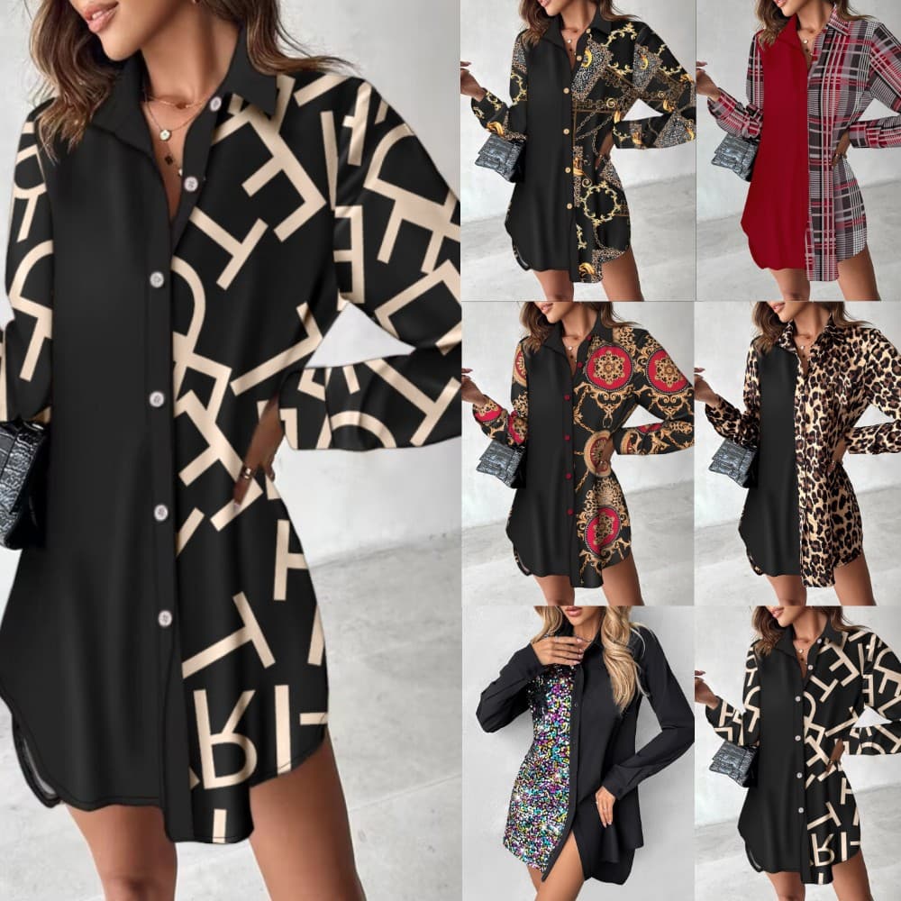 Women's Long-sleeved Printed Patchwork Button Dress Shirt