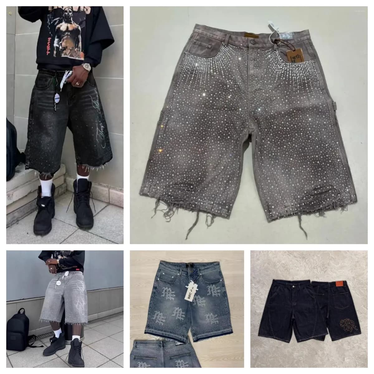Men's Shorts Couple Vintage Rhinestone Sequined Denim Cowboy Hip Hop Loose Sport Casual Mertra Embroidered Streetwear