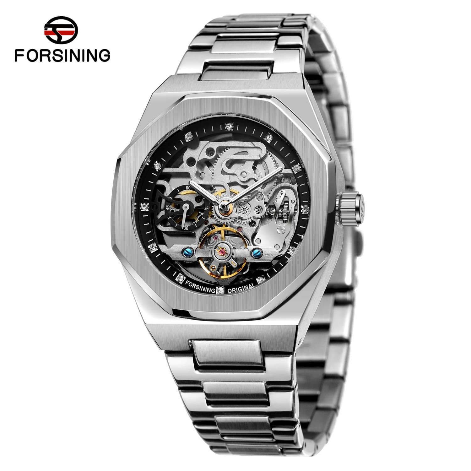 Montre mécanique automatique pour homme avec aiguilles lumineuses, trois sous-cadrans et affichage du jour - Bracelet en acier inoxydable, semaine à six aiguilles, bracelet en acier