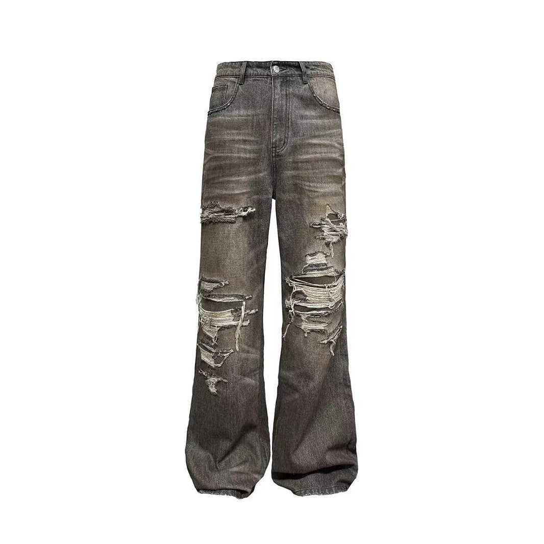Men's Clothing Loose Heavy Duty Distressed Jeans Stains Knife Cut Damaged Water Washing