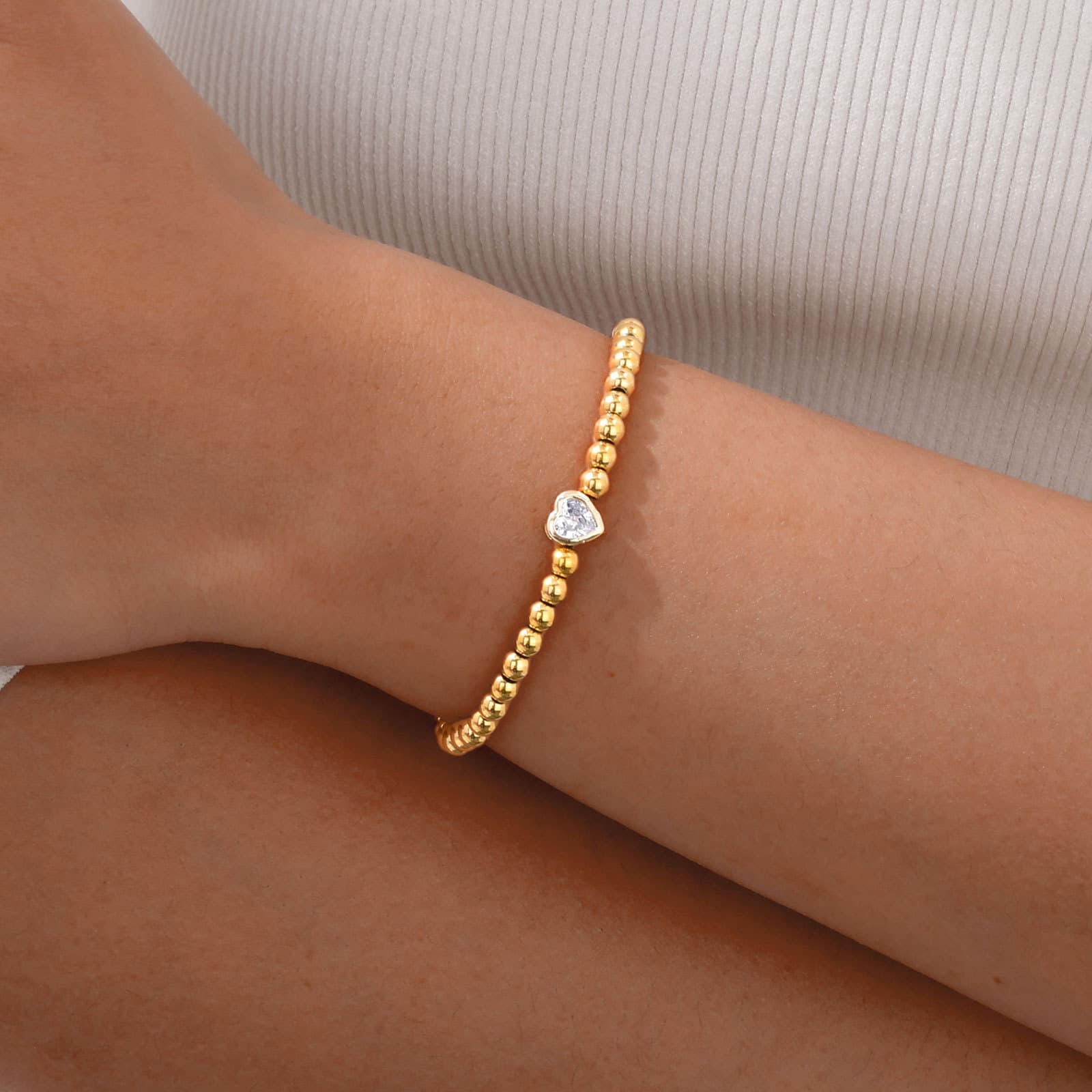 Women's Jewelry Set Fashion Stainless Steel Plain Round Bead Bracelet Copper Material Heart Zircon Simple Hand Jewelry