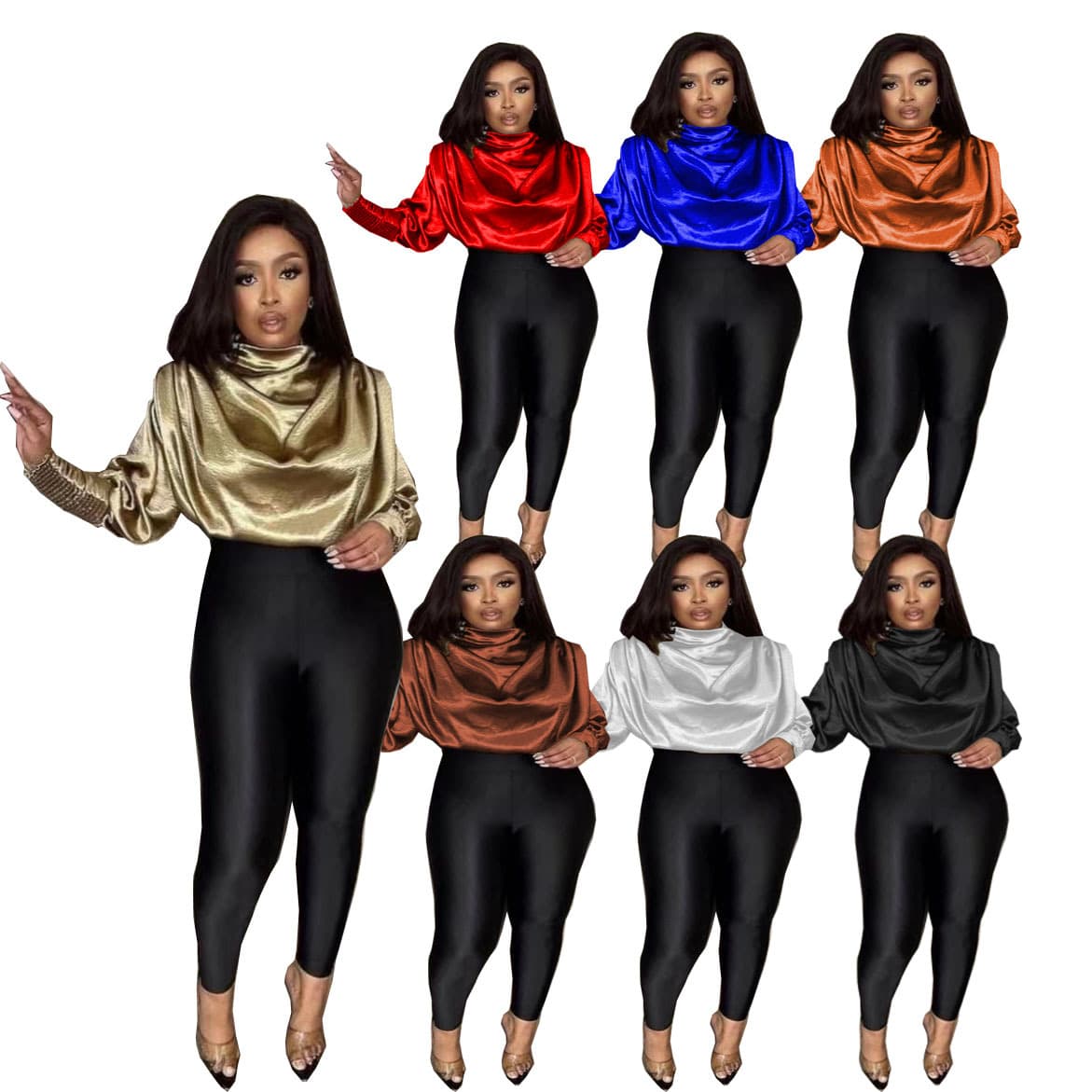 Women's Clothing Special price source women's woven tops Fashion loose high collar long sleeve slim short tops popular
