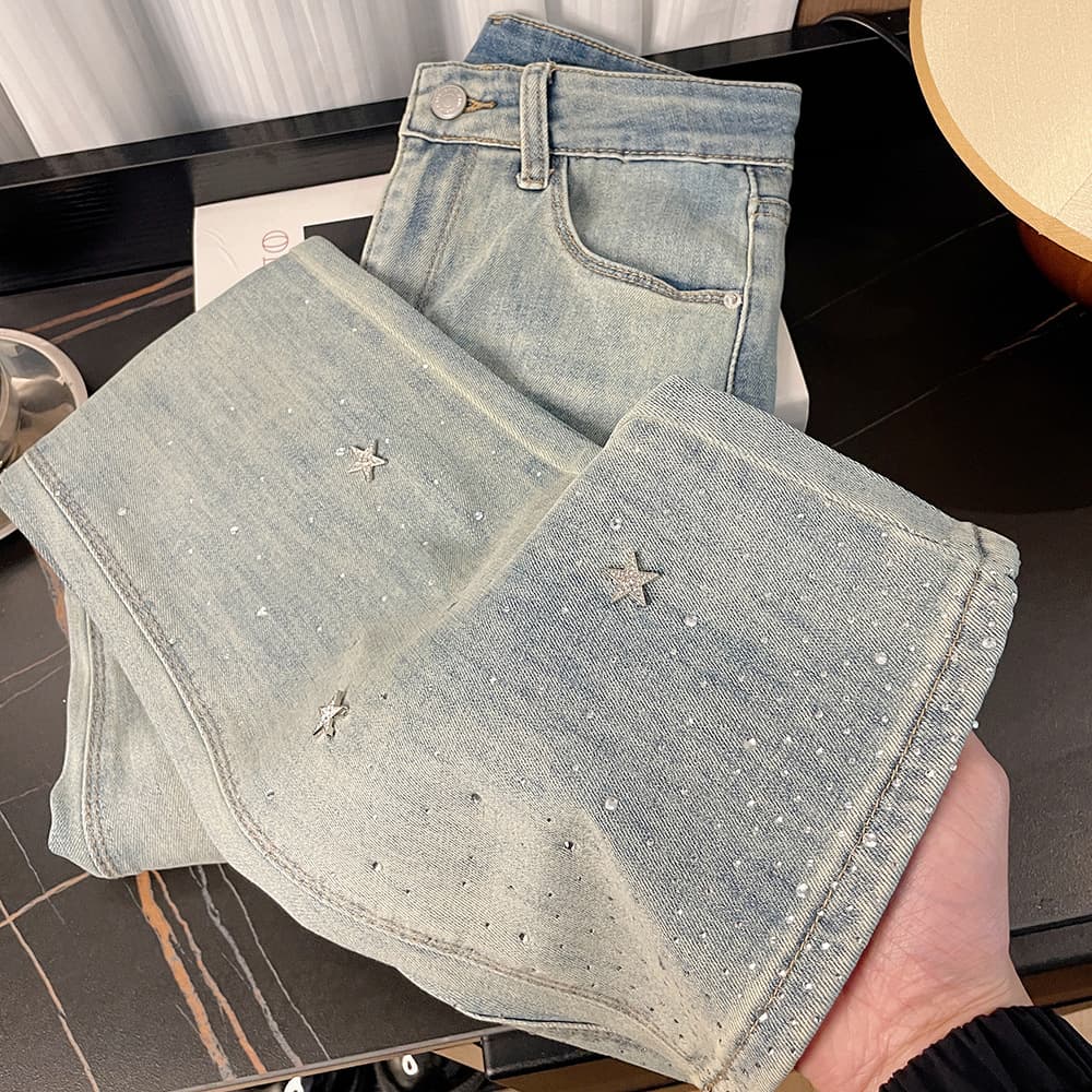 Women's Clothing Light Blue Temperament Star Hot Diamond Shining High Waist Slim Elasticity Thin Goddess Slightly Flared Denim Pants