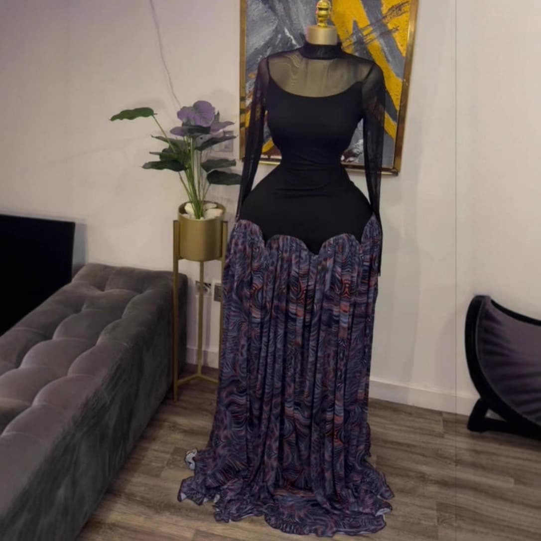 Women's Long Sleeved Mesh Lined Maxi Dress Sexy Printed Patchwork Design Autumn/Winter Cross Border INS Style European American Fashion