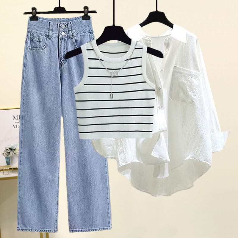 Women’s Clothing Large Size Women's Spring And Autumn Suits For Women New Shirt Tops Women's Camisole Versatile Wide Leg Pants Three Piece Suit