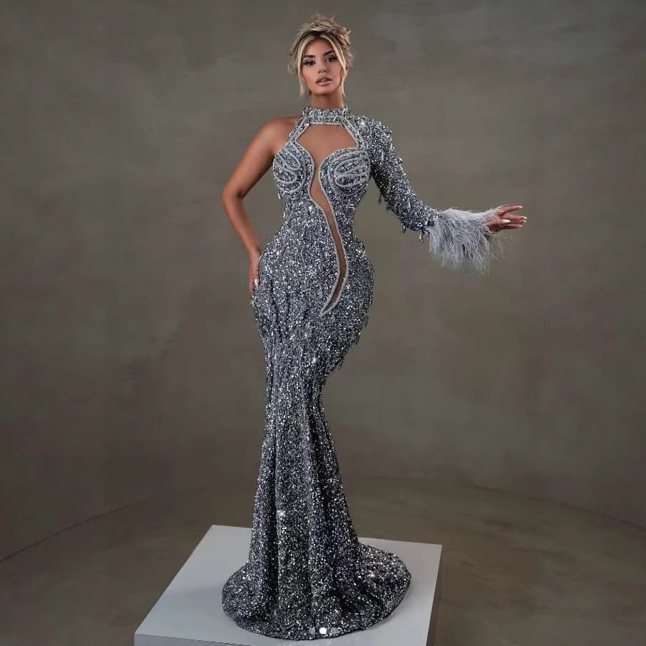 Elegant V-Neck Long Sleeve Bodycon Evening Dress With Slit & Glitter For Parties, Banquets, And Special Occasions