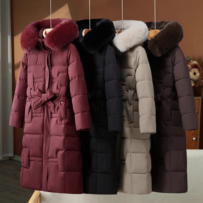 Women's Clothing Coat Over The Knee ​Elegant Long Coat With Detachable Faux Fur Collar, Slim-Fit Winter Parka For Women – Black, Brown, Khaki, Red​
