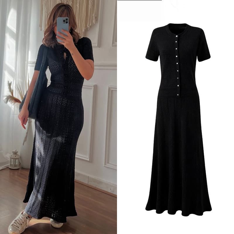 Women's Elegant Black Long Dress New Style Round Neck Sheer Waist Slimming Knit