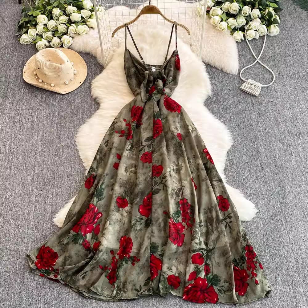 Elegant Floral Print Midi Dress for Women Summer 2025 Style Fashionable Full Skirt Sophisticated Youthful And Flattering