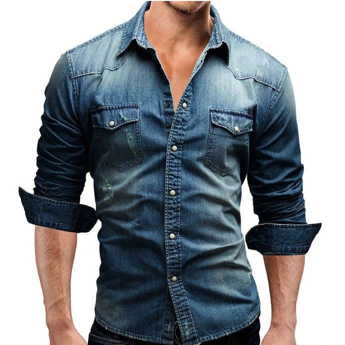 New long sleeved style youth casual solid color patchwork denim shirt men's