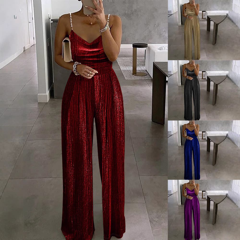 Elegant Wide-Leg Jumpsuit With Beaded Straps & Cinched Waist – Summer Women's Fashion In Metallic Colors (S-5XL)