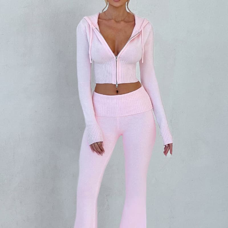 2025 Spring New European And American Cross Border Solid Color Slim Short Hooded Top Casual Pants Suit Two Piece Set Women