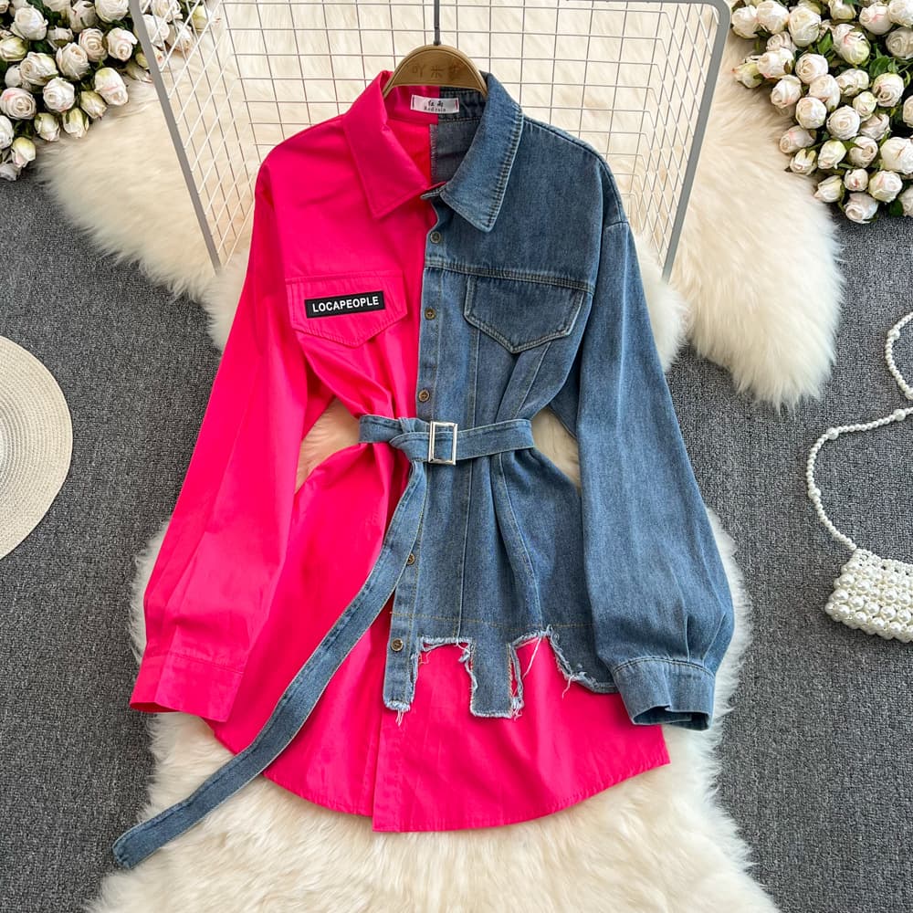 Women's style waist-cinched color-blocked denim shirt with belt for women spring new chic casual mid-length top