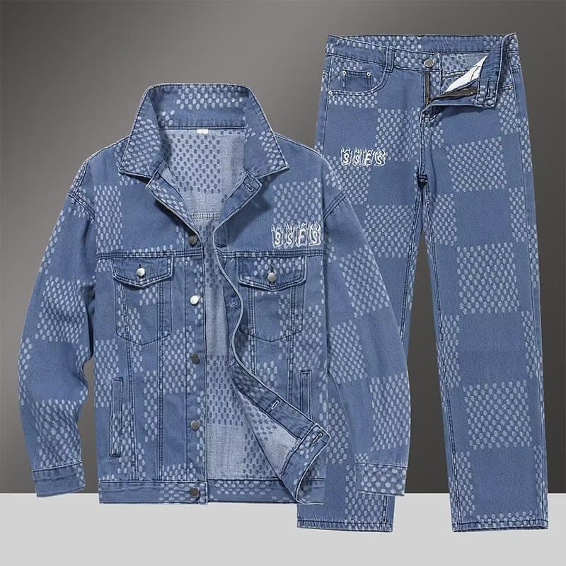 Men's Clothing Plaid denim jacket men's spring and autumn American retro design niche couple long sleeved jacket long pants suit