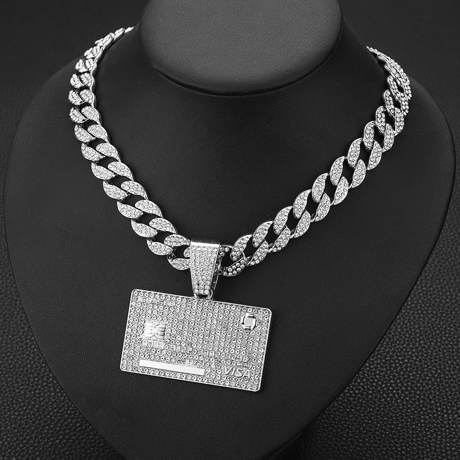 hip-hop full diamond alloy square bank card shield Cuban pendant necklace Men's jewelry