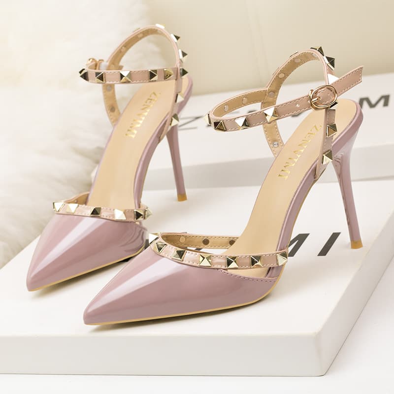 Women's Pumps women's shoes rivet high heels stiletto Korean version versatile nude color cool one-word buckle bag heel sandals women's single shoes