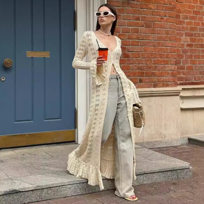 Women's Clothing Holiday Style Hollow Trumpet Sleeve Woolen Coat Leisure Long Loose Hem Unique Design Cardigan