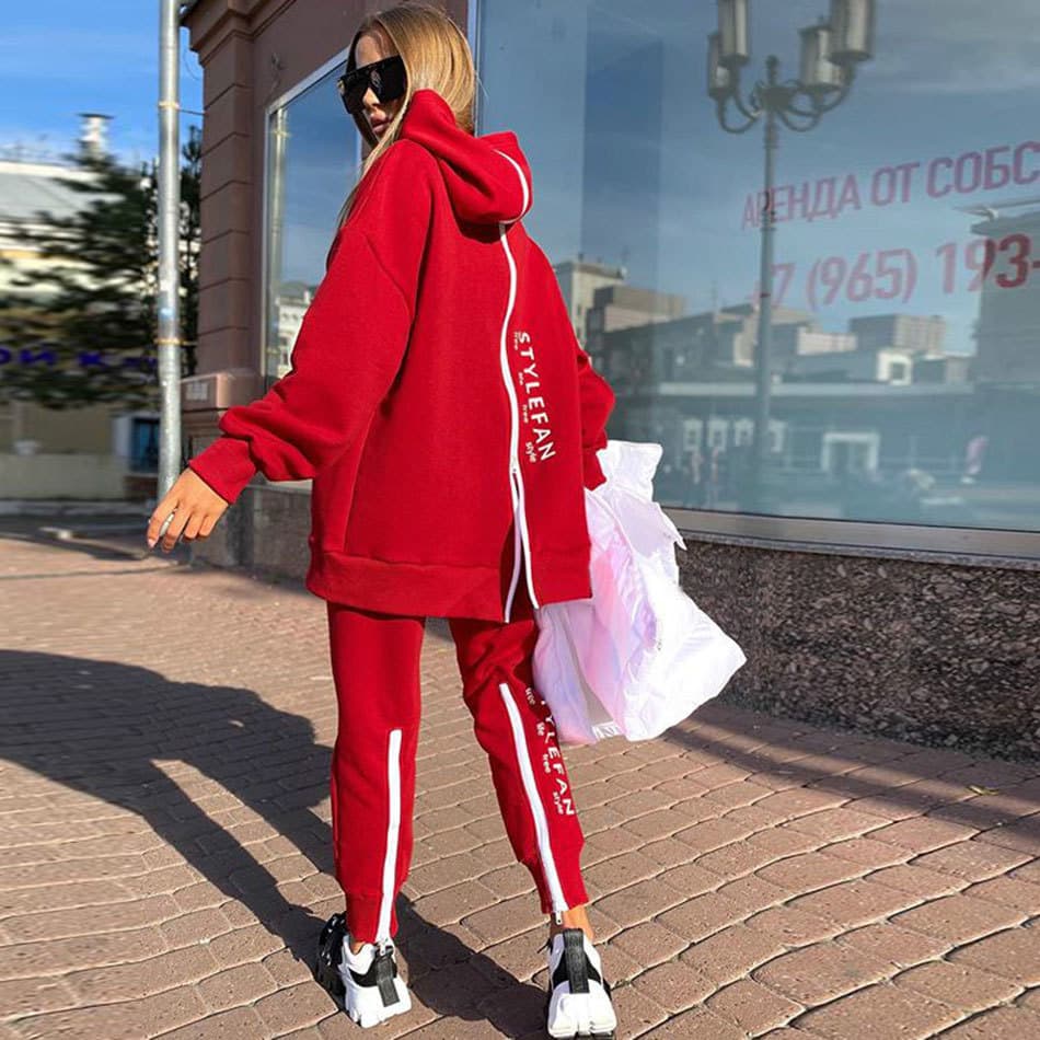 Women's Clothing Long Zippered Front And Back Letter Printed Loose Long Sweatshirt And Sweatpants Fashionable Casual Suit