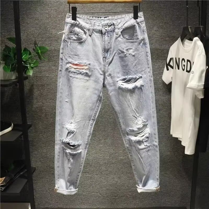 Men's Clothing Street Washed Distressed Ripped Jeans For Men Spring And Autumn Straight High Street Vibe Style Handsome Long Pants