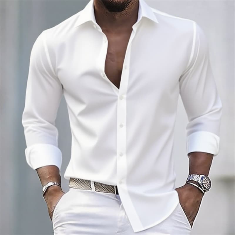 Solid Color Men's White Fashionable Casual Long Sleeve Stretch Fabric, Business Formal Shirt, Comfortable Fabric