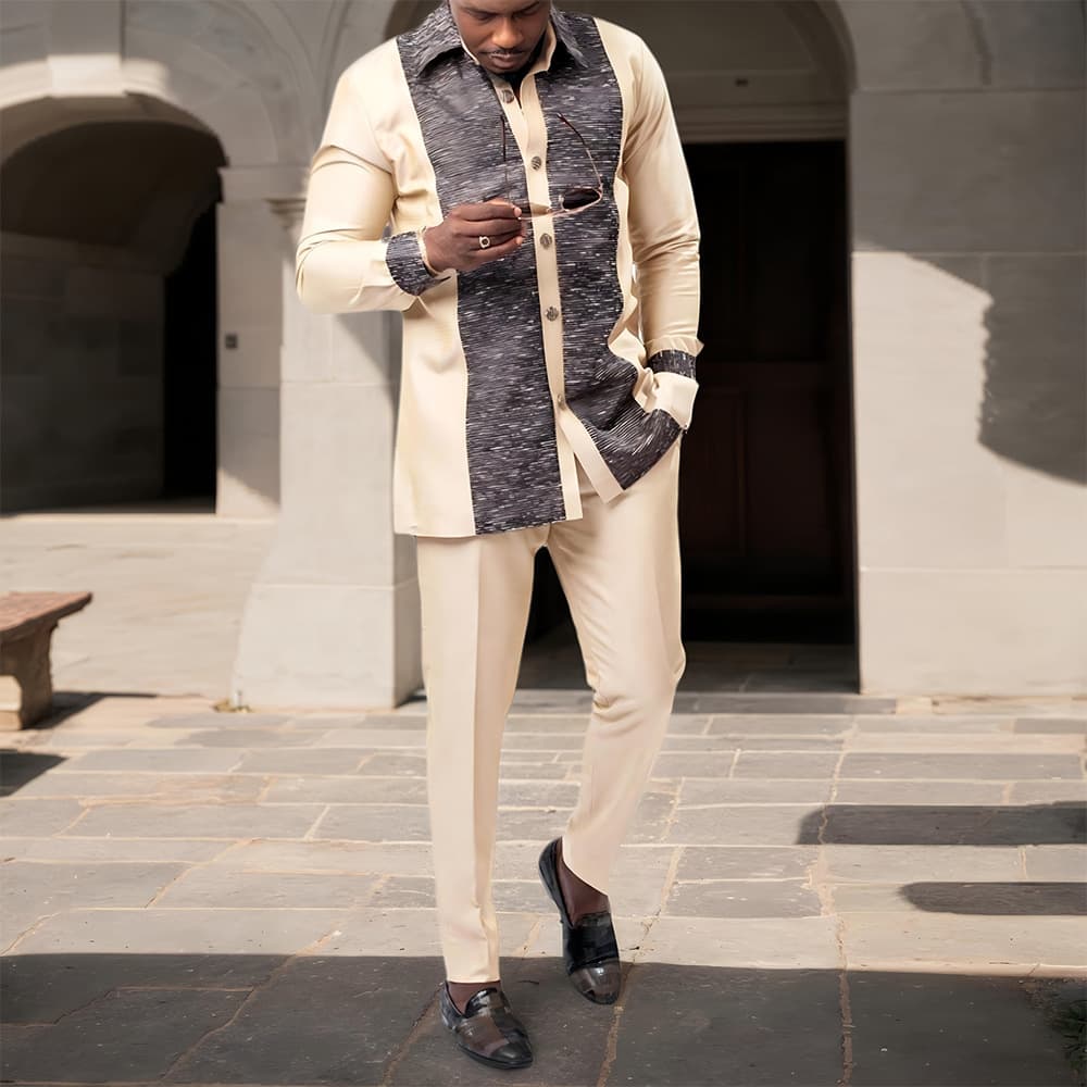 Costume noir africain décontracté brodé pour homme, manches longues, idéal pour les mariages et les banquets.