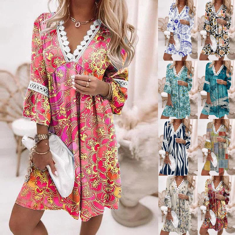 2022 Spring V-neck Printed Lace Patchwork Bohemian Casual Vacation Style Dress