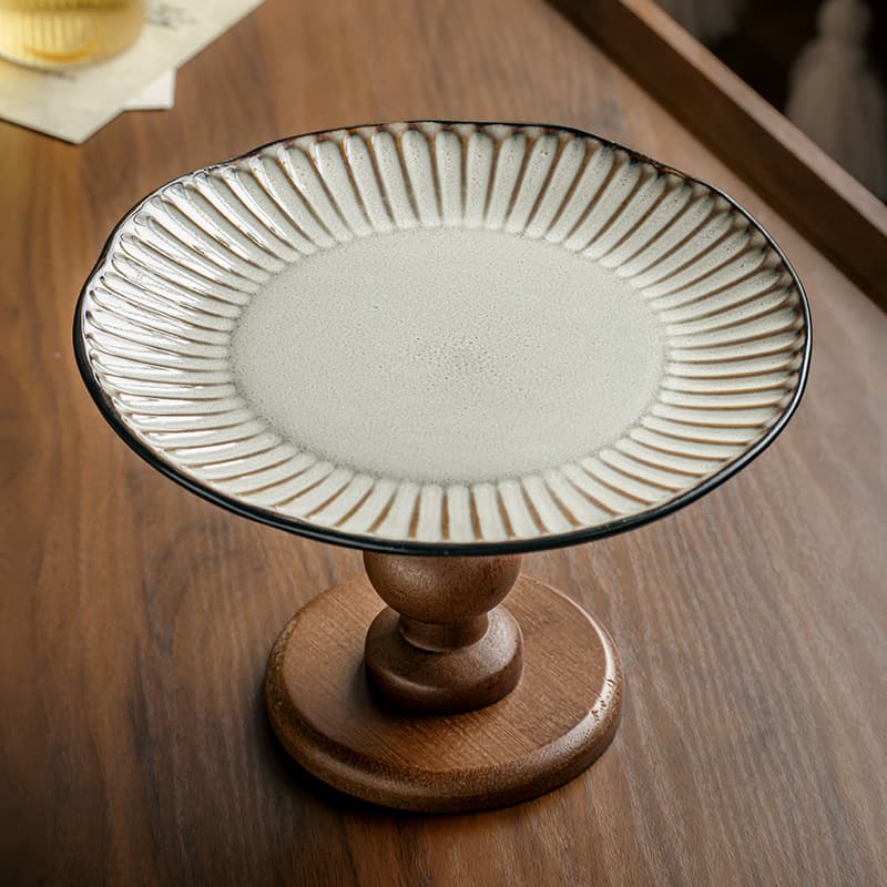 Vintage Wooden Pedestal Serving Tray – Handcrafted Ceramic Fruit & Dessert Platter With Carved Floral Motifs, 12" Elevated Display Stand