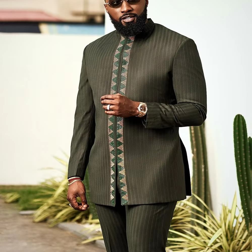 2-Piece Men's Kaftan Set African Style Long Sleeve Striped Embroidered Outfit For Wedding Party Business Formal Wear