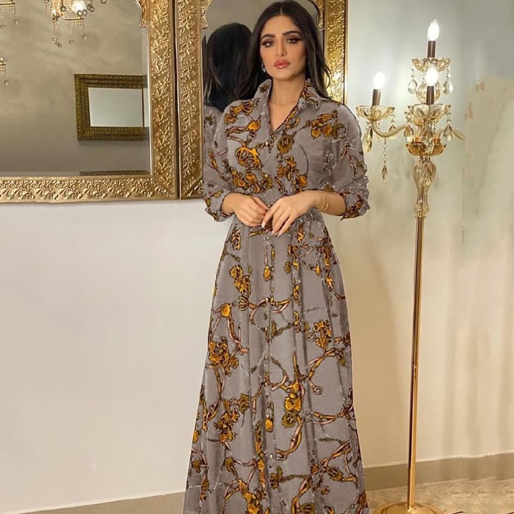 Women's Fashion MUSILIN Middle Eastern Ethnic Elegant Dress Retro Printed Robe