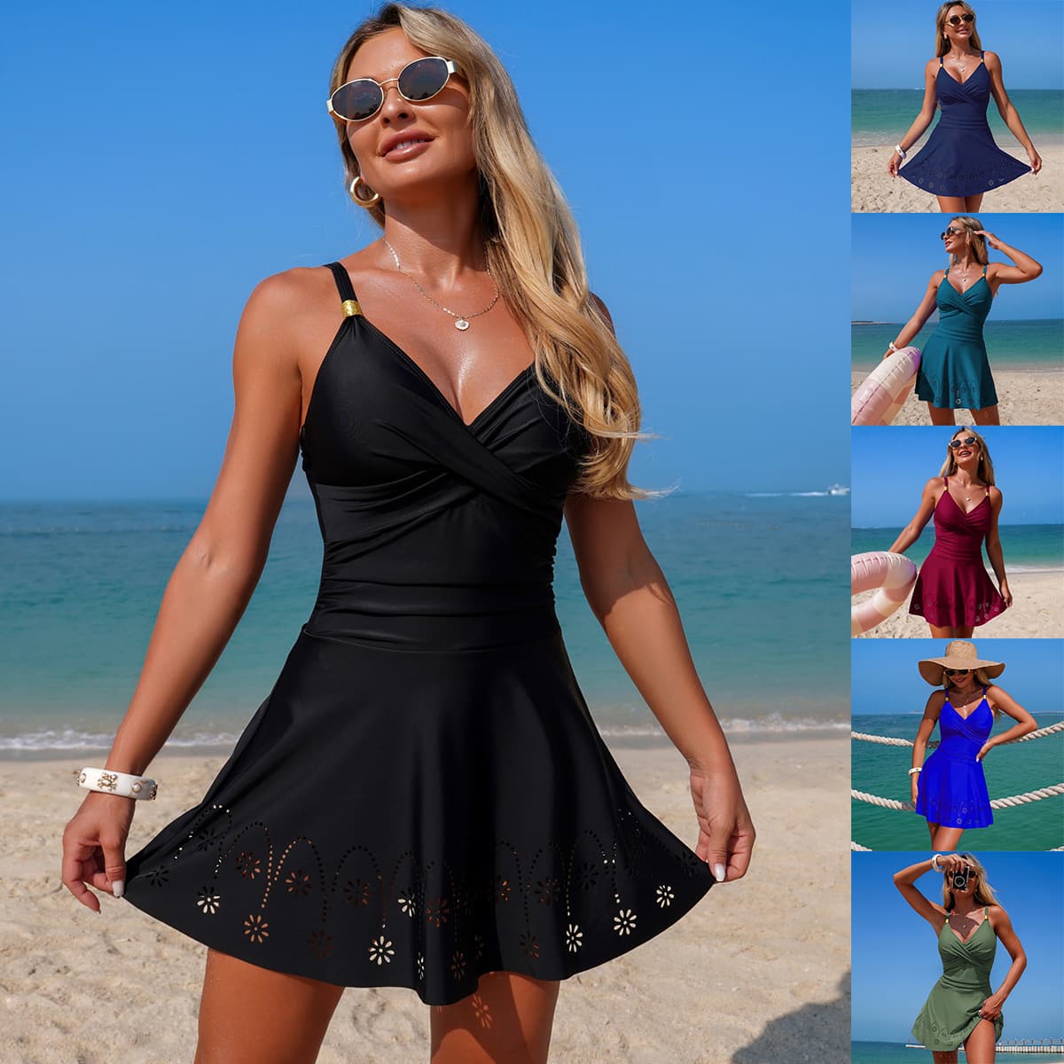 Women's One Piece Swimsuit European American Style Solid Color Hollow Out Bikini Skirt Style Cross Bandage Swimwear