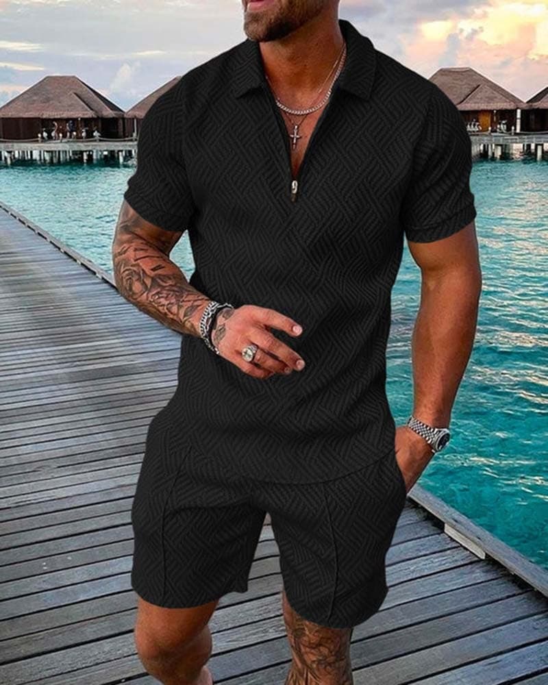 Men's Fashion Casual Suit 3D Printed Zipper Short Sleeve Polo Shirt Shorts 2-Piece Set