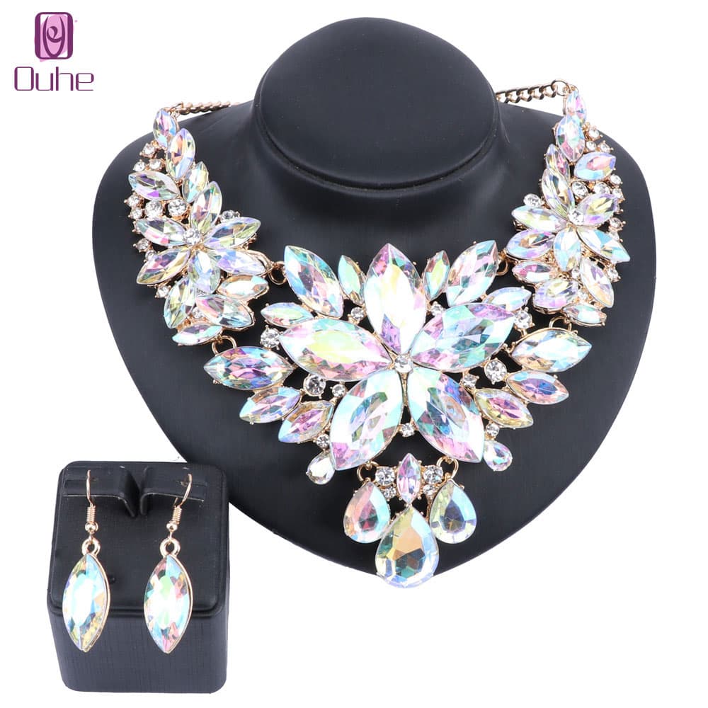 Crystal Choker Statement Necklace Earring Jewelry Set Rhinestone Wedding Gift Women Brides Prom Party