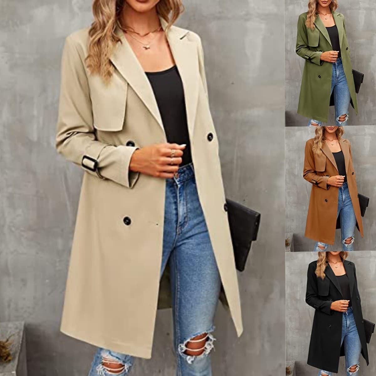Women's double-breasted trench coat classic lapel coat slim-fit coat