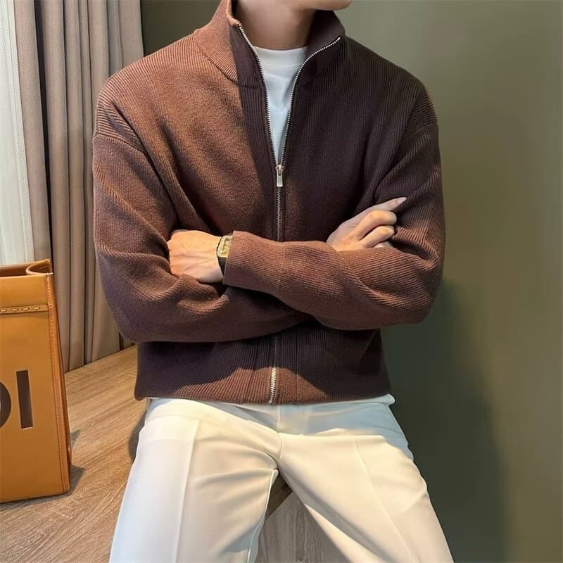 ​Men's Slim Fit Zip-Up Knit Cardigan - Solid Color Stand Collar Sweater Jacket For Autumn & Winter, Casual Outerwear​