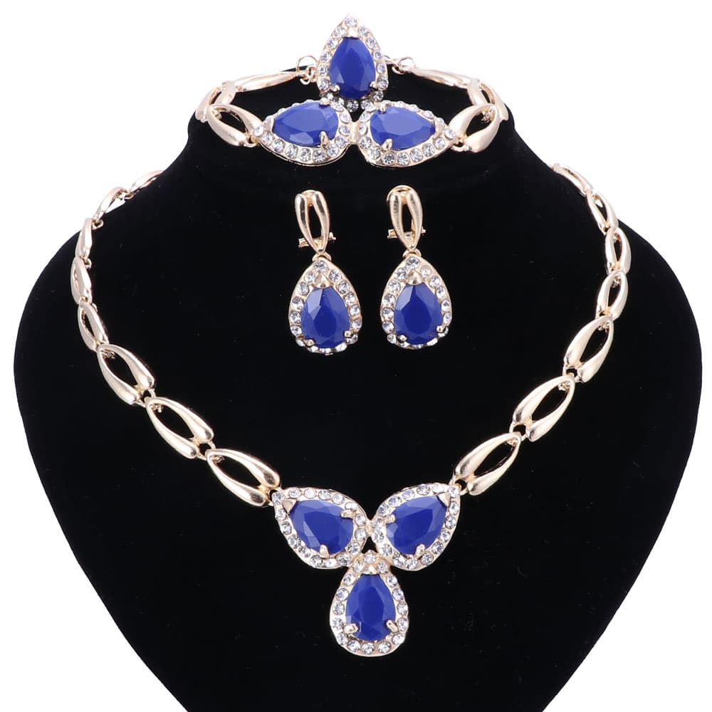 New Gold Color Imitated Blue Gem/Crystal Women Wedding Party Necklace Bracelet Earring Ring Jewelry Sets