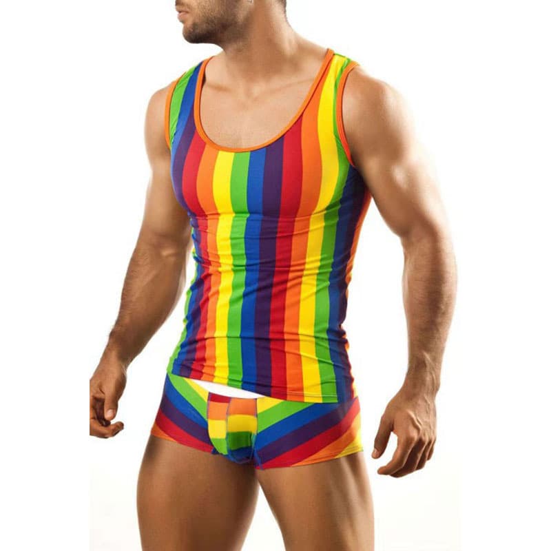 Man's Clothing Tank Shorts Set Home Wear Striped Print Tight Sexy Pajamas
