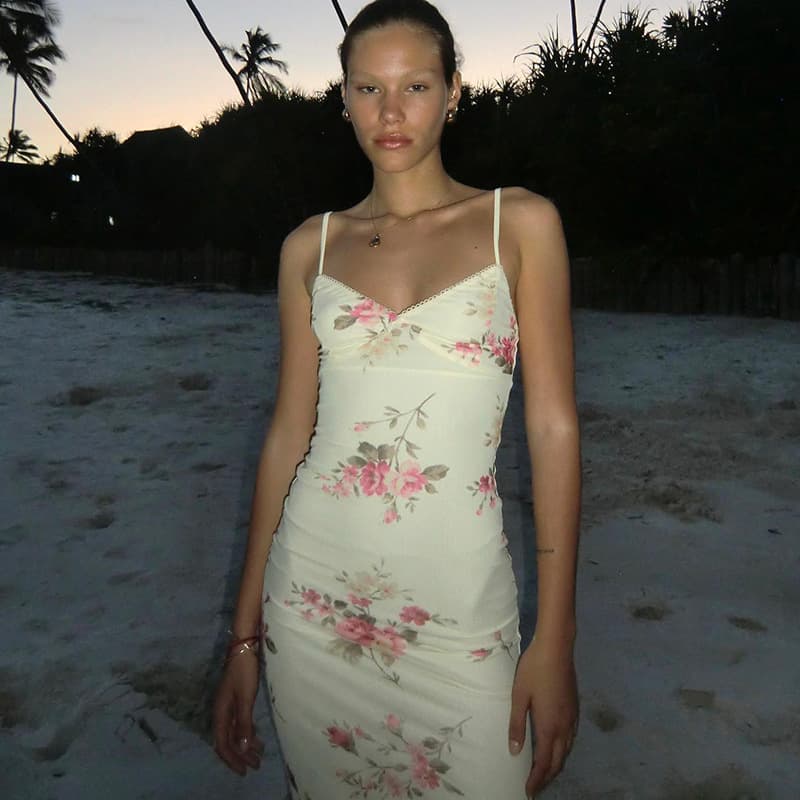 2023 Spring/Summer New Fashion Print U-Neck Long Dress with Hip Wrap Hot Selling Women's Dress with Strap