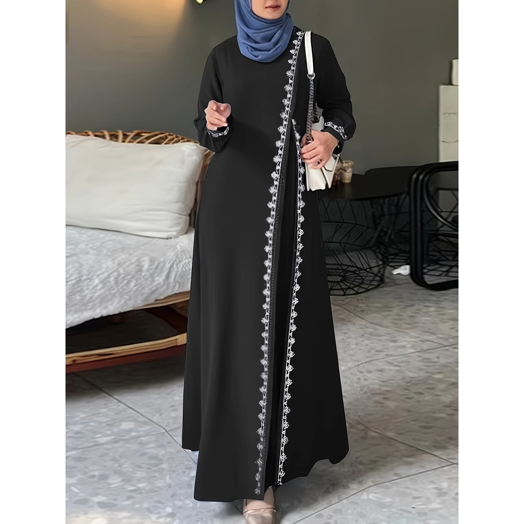 Elegant Lace-Trimmed Modest Muslim Dress – Long Sleeve Solid Color Abaya With Floral Embroidery, Round Neck A-Line Maxi Dress For Women