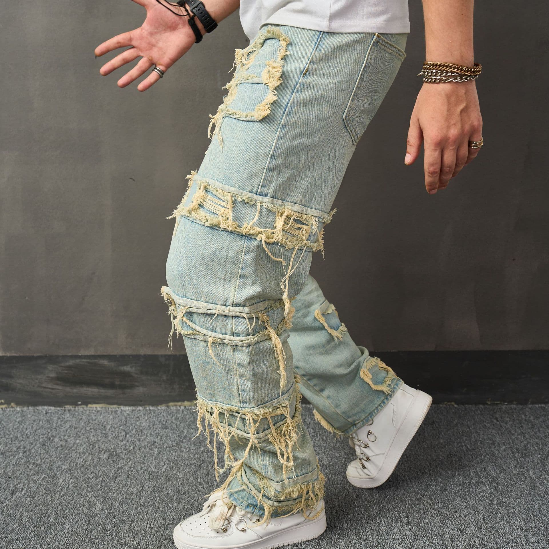 New Style Distressed Seam Fabric Patch Biomimetic Denim Loose And Fashionable Wide Leg Casual Men's Pants